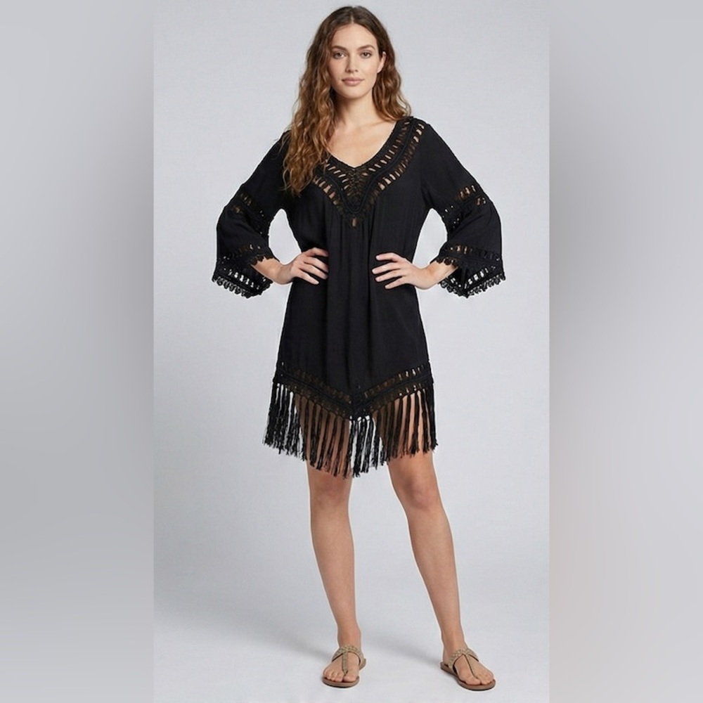 Boho Crochet Fringe Hem Cover Up Dress Black